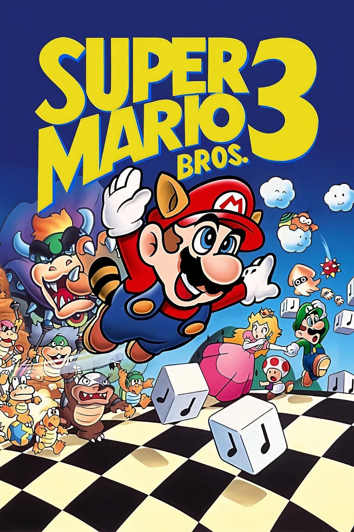 Tổng hợp các cảnh gameplay từ Super Mario Bros. 3, hiển thị Mario với các bộ trang phục khác nhau và bản đồ thế giới.