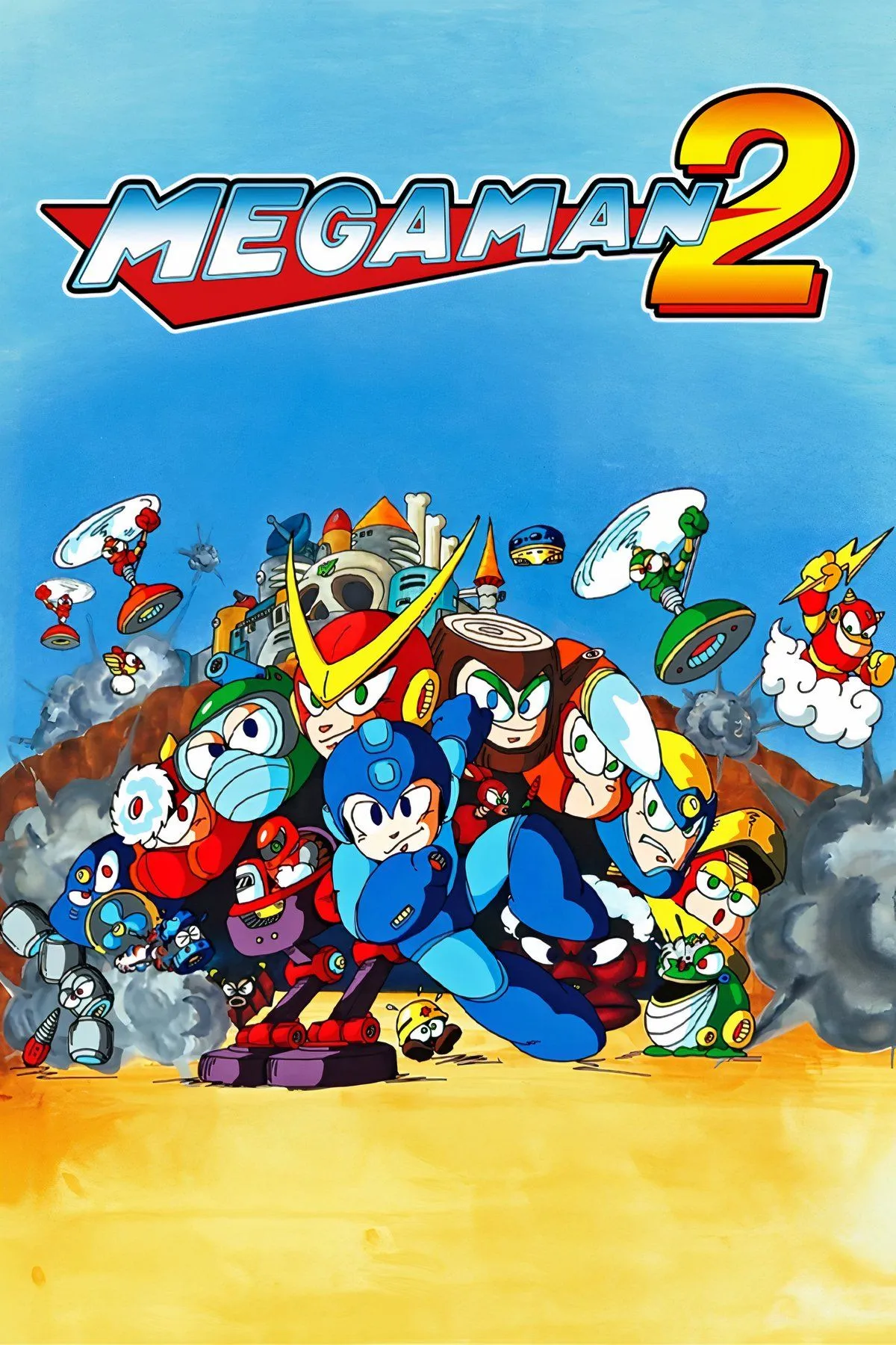 Tổng hợp các cảnh gameplay và bìa nghệ thuật từ Mega Man 2, thể hiện sự đa dạng của trò chơi platformer hành động này.