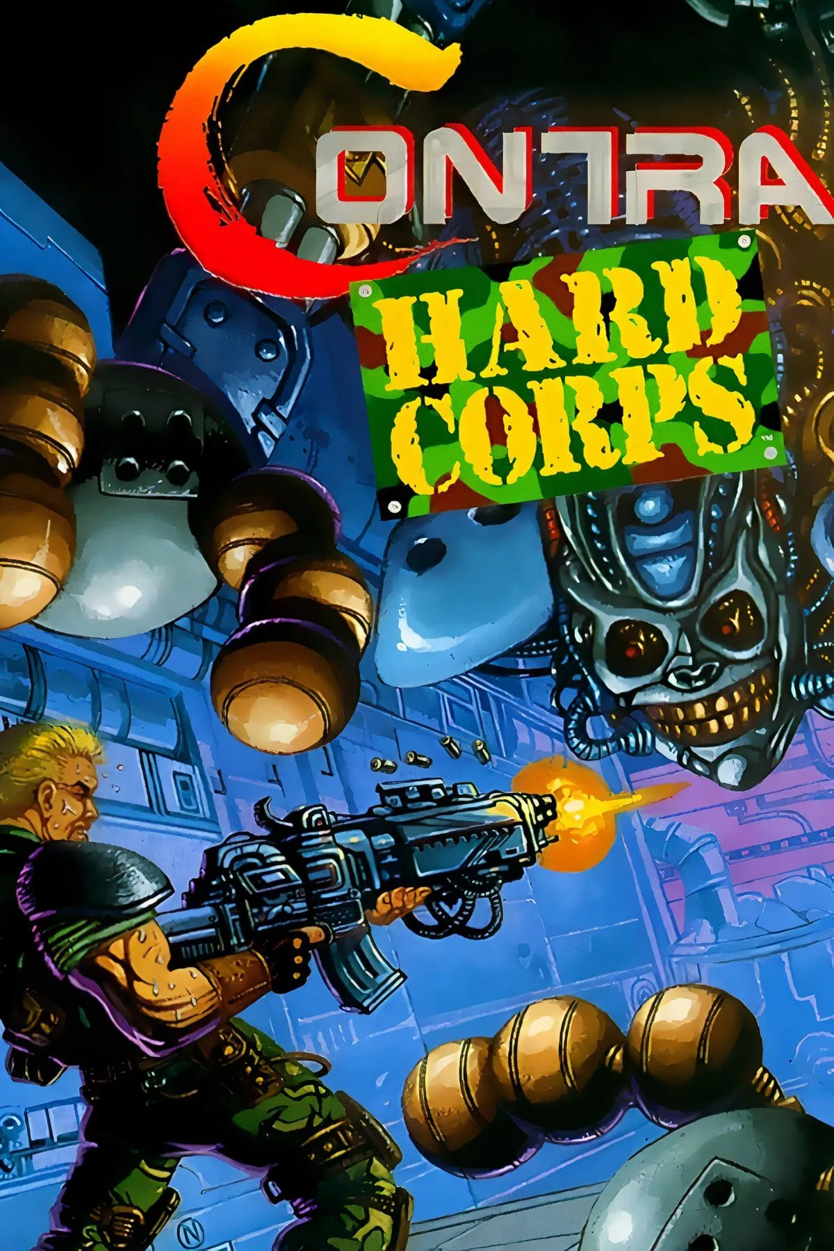 Tổng hợp các cảnh quay gameplay từ Contra: Hard Corps, thể hiện sự hỗn loạn và đồ họa pixel chi tiết của tựa game