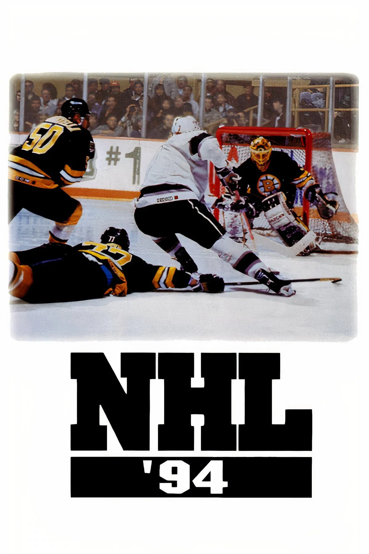Tổng hợp các cảnh quay từ game NHL '94, thể hiện lối chơi khúc côn cầu nhịp độ nhanh và đồ họa cổ điển