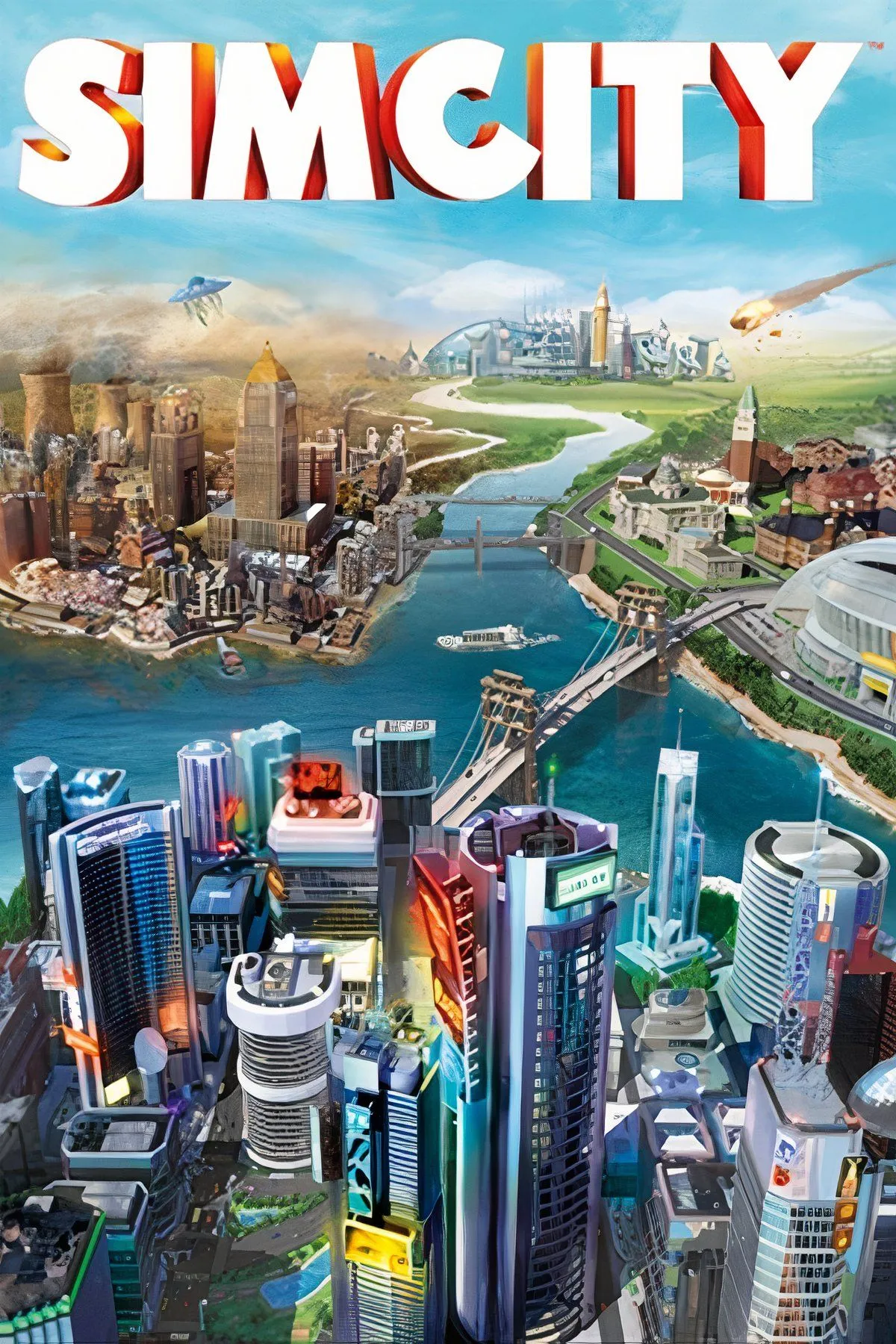 Tổng hợp hình ảnh trong game SimCity 2013, thể hiện đồ họa và giao diện người dùng.