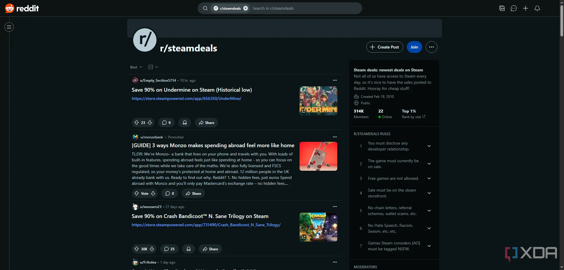 Trang subreddit r/steamdeals trên Reddit hiển thị các ưu đãi game Steam