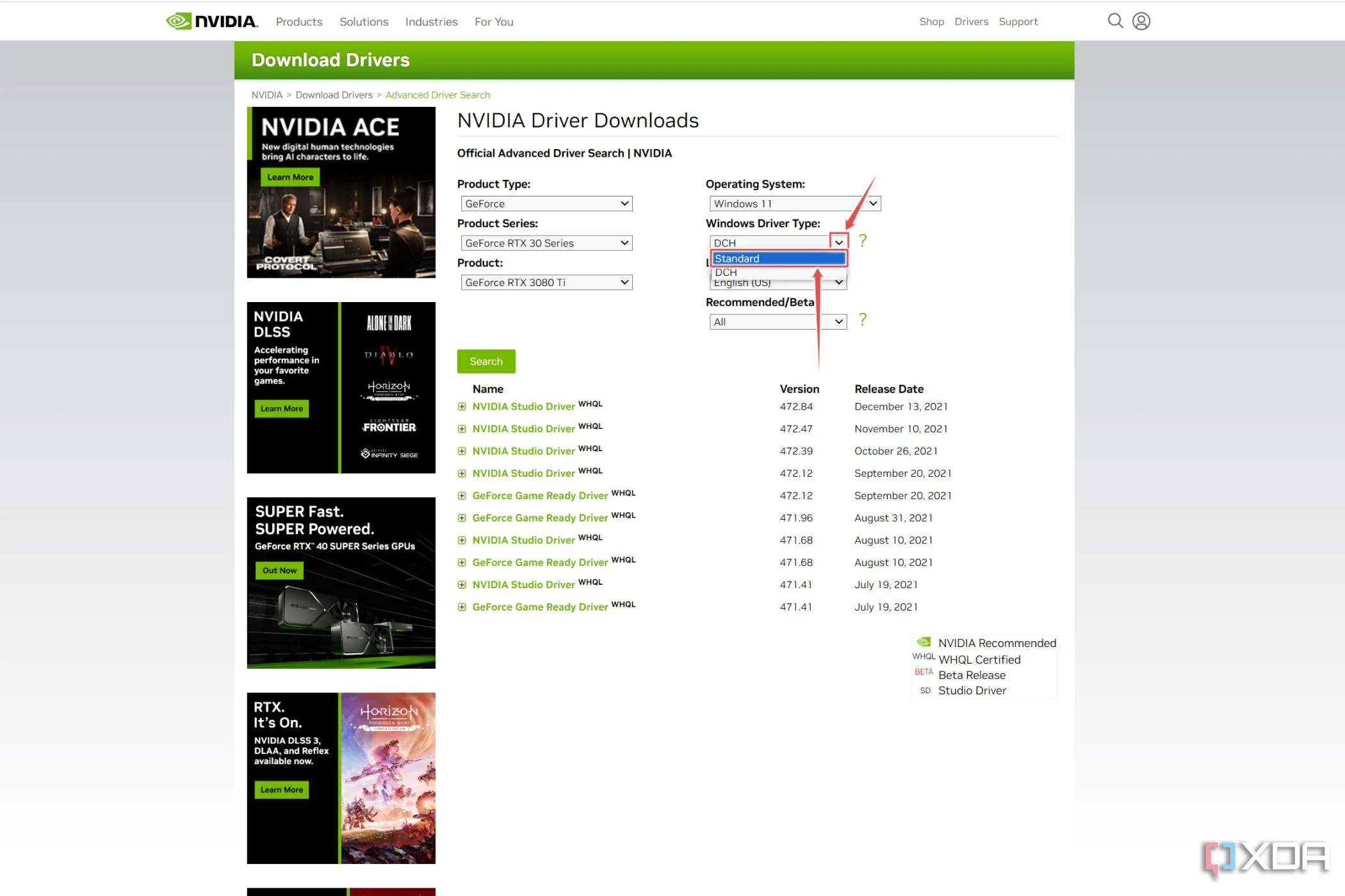 Trang tải driver Nvidia chính thức, với tùy chọn Standard drivers được đánh dấu
