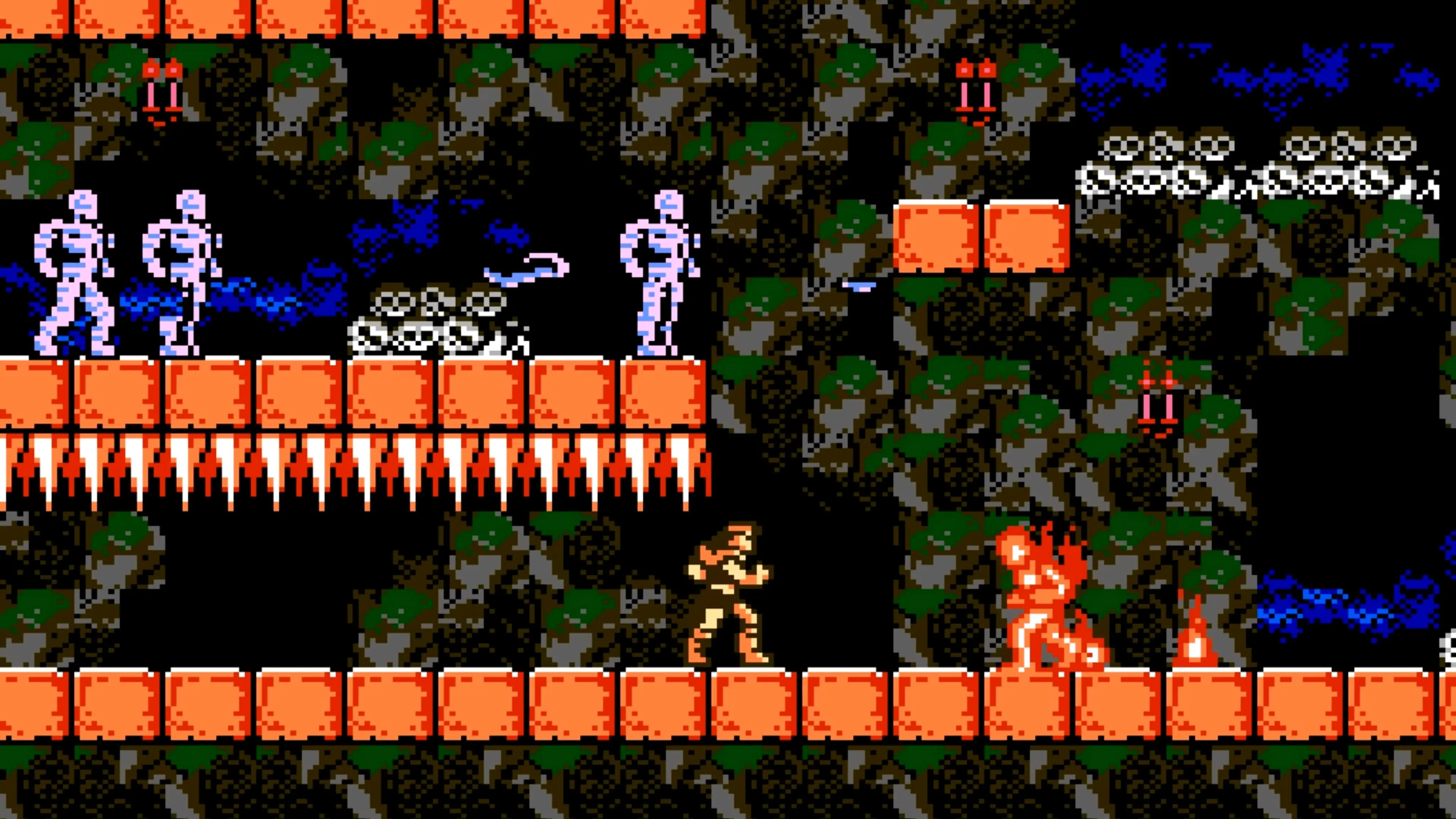 Trevor Belmont chiến đấu với kẻ thù trên nền kiến trúc Gothic trong Castlevania III trên hệ máy NES.