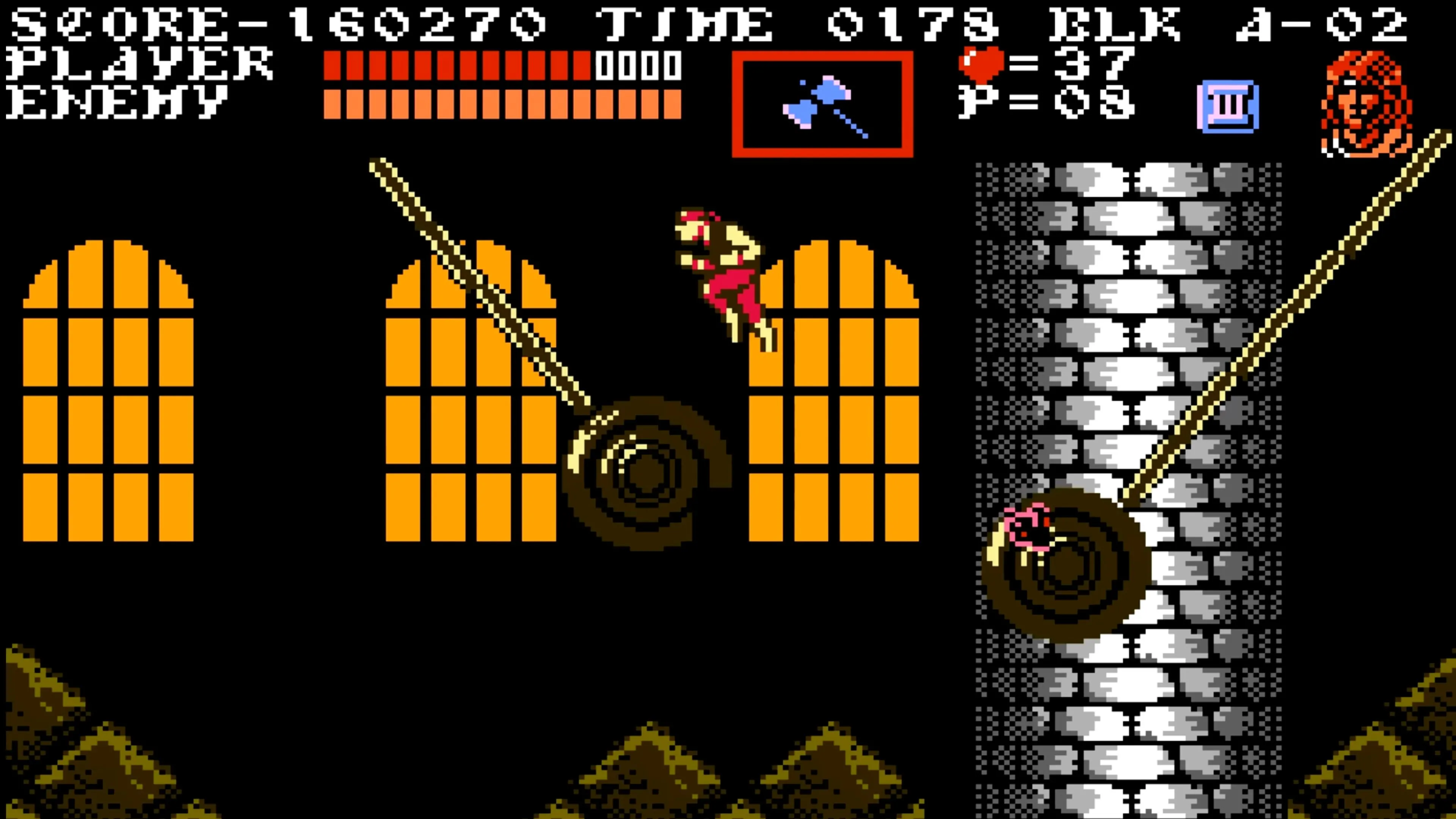 Trevor Belmont đang sử dụng cây roi đặc trưng của mình để tấn công kẻ thù trong Castlevania III: Dracula's Curse.