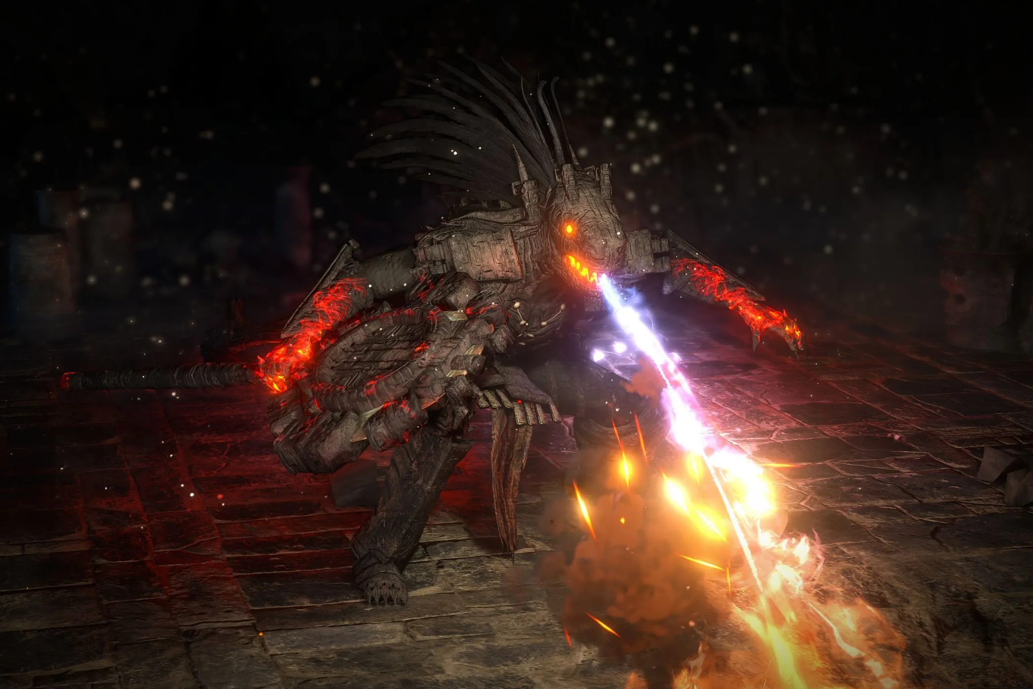 Trùm Blackjaw phun lửa trong đấu trường Path of Exile 2, thể hiện sự hoành tráng trong các trận chiến.