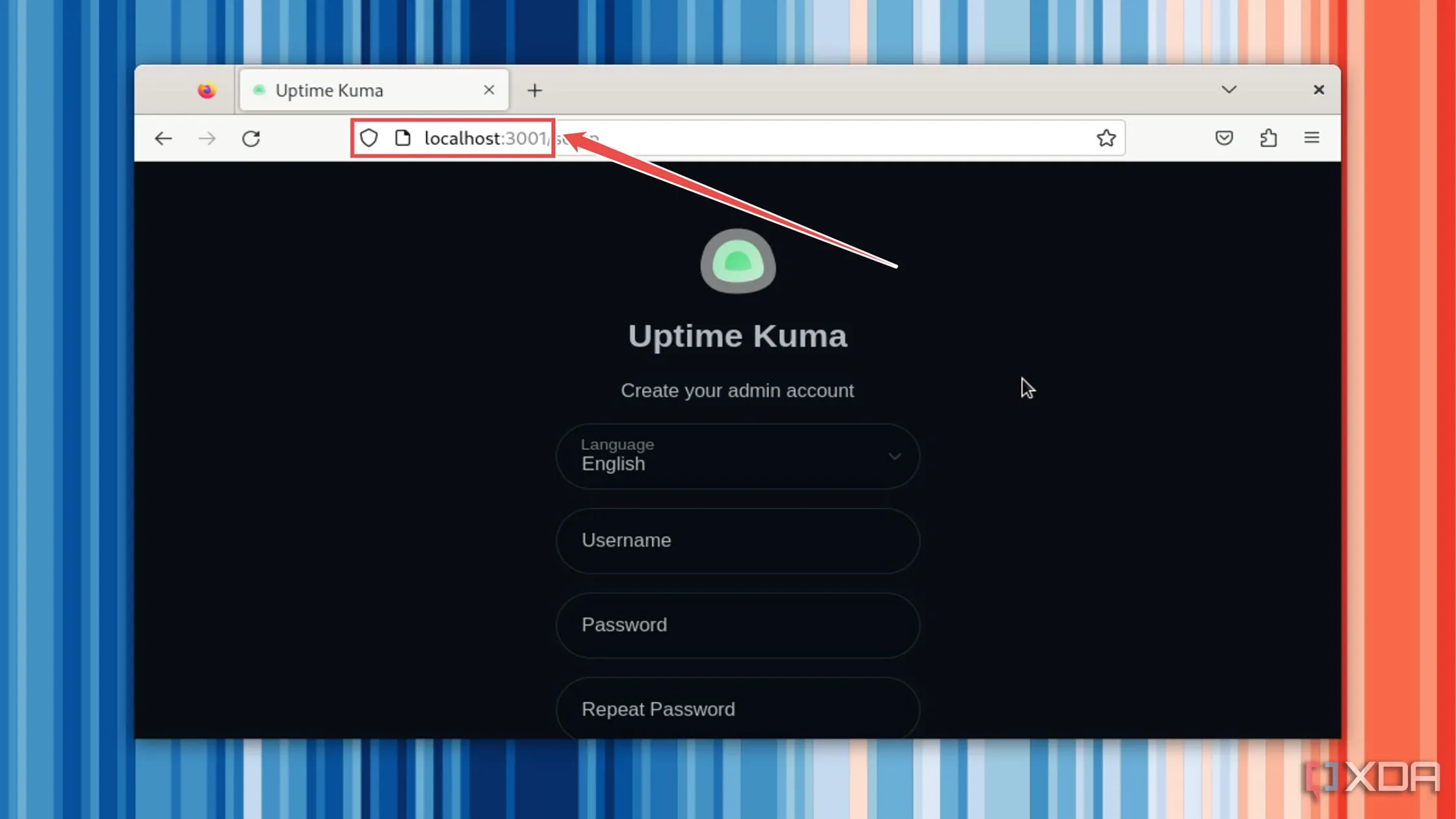 Truy cập giao diện web của Uptime Kuma thông qua địa chỉ localhost trên trình duyệt