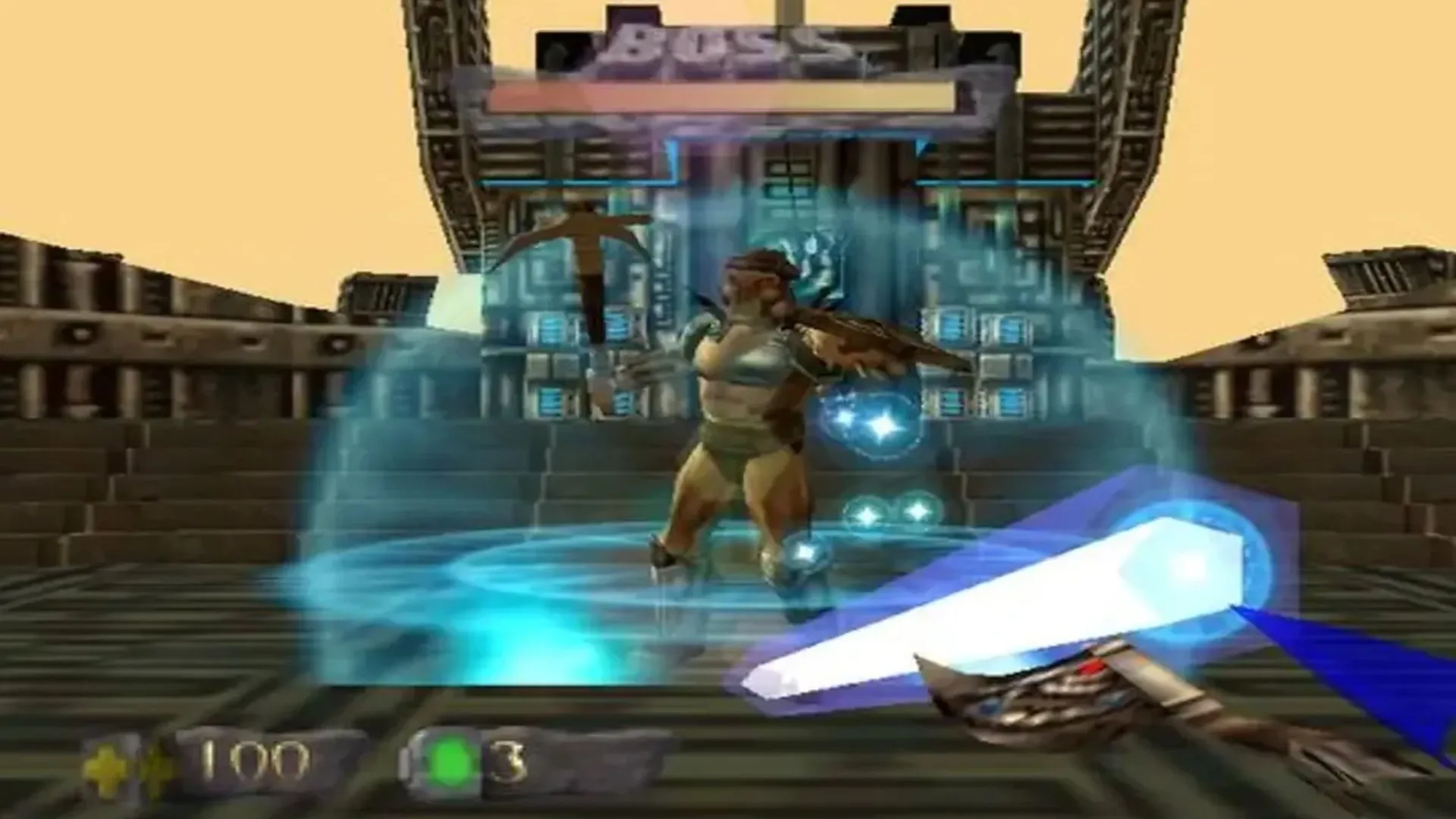 Turok đang sử dụng Chronoscepter trong game Turok: Dinosaur Hunter