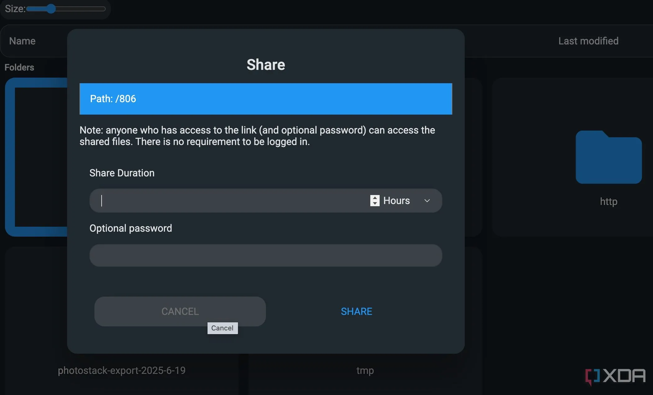 Tùy chọn chia sẻ tệp FileBrowser Quantum