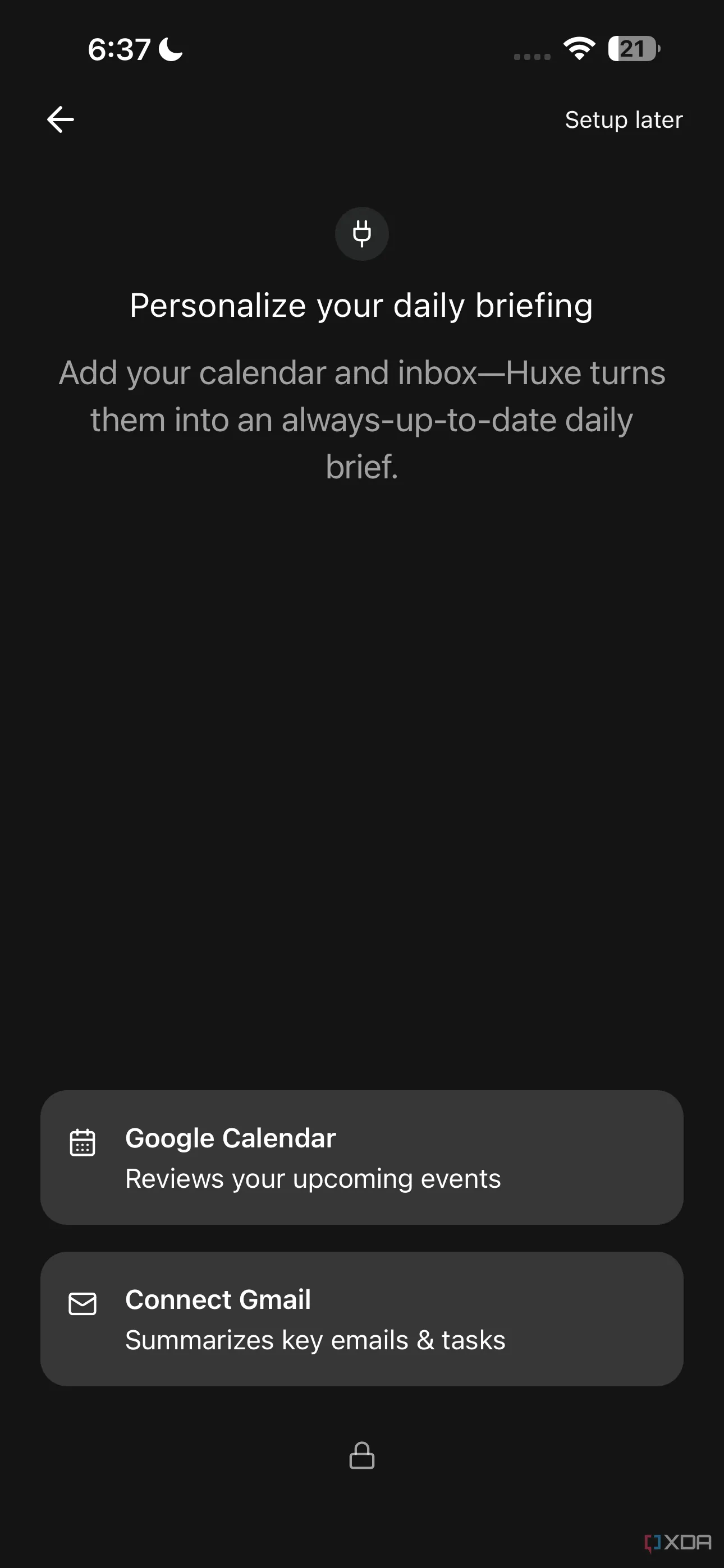 Tùy chọn kết nối Huxe với Google Calendar và Gmail để cá nhân hóa nội dung.