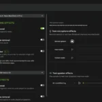 Ứng dụng Nvidia Broadcast với tính năng RTX Voice đang hoạt động, hiển thị tùy chọn khử tiếng ồn nền cho microphone.
