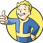 Vault Boy, biểu tượng của series game Fallout, trong trang phục màu xanh vàng quen thuộc.