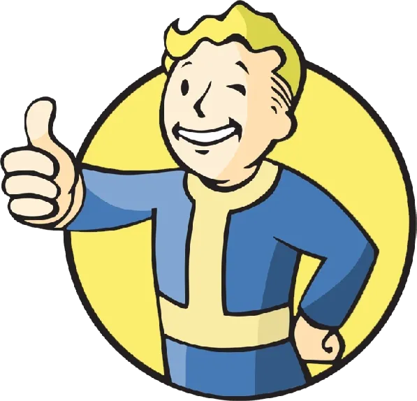 Vault Boy, biểu tượng của series game Fallout, trong trang phục màu xanh vàng quen thuộc.