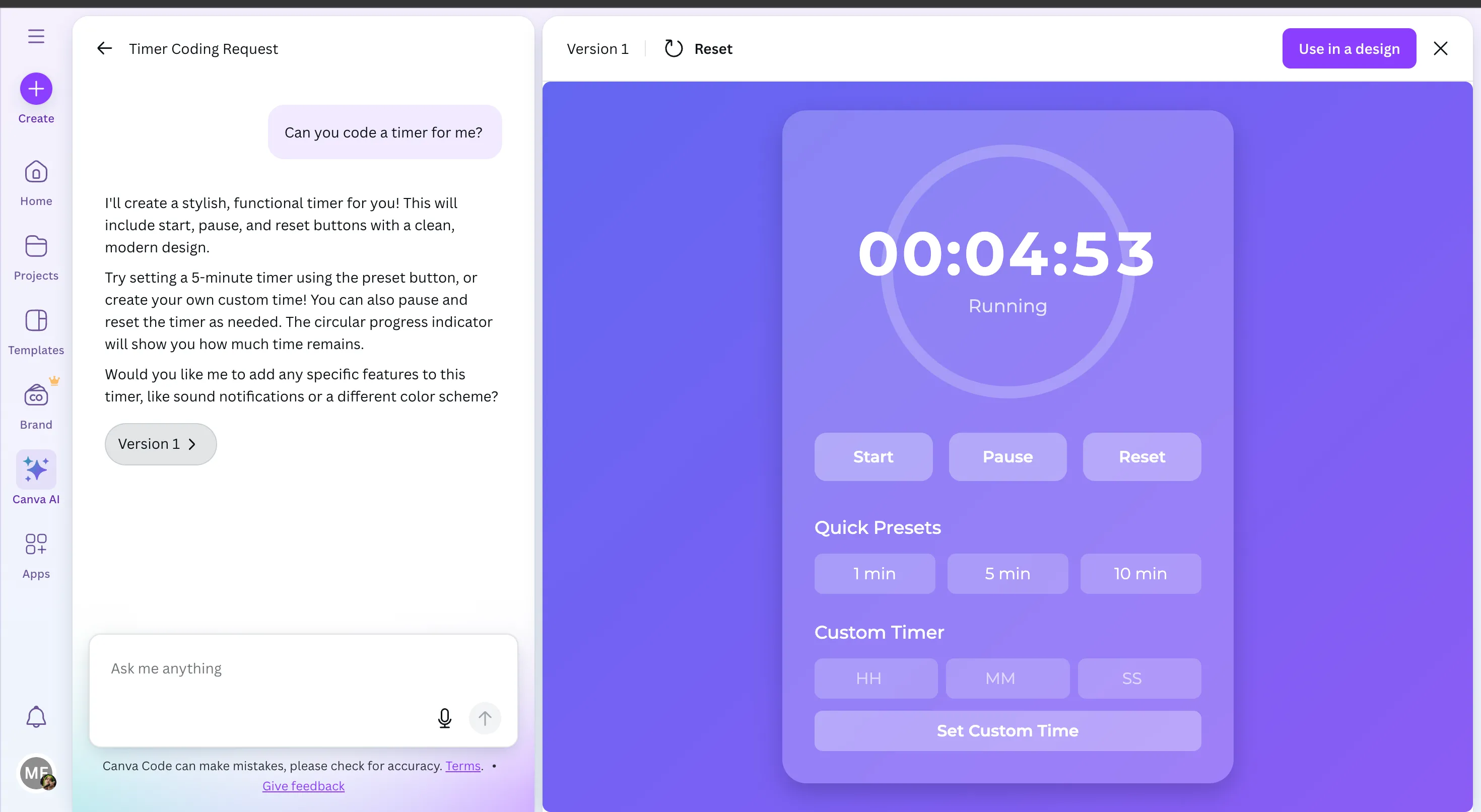 Ví dụ về bộ đếm thời gian màu tím được tạo bởi Canva Code AI