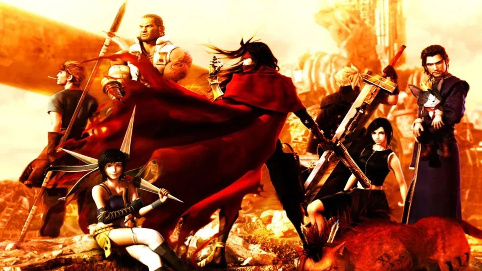 Vincent Valentine và các anh hùng trong một cảnh của Dirge of Cerberus: Final Fantasy VII, một game hành động bắn súng góc nhìn thứ ba