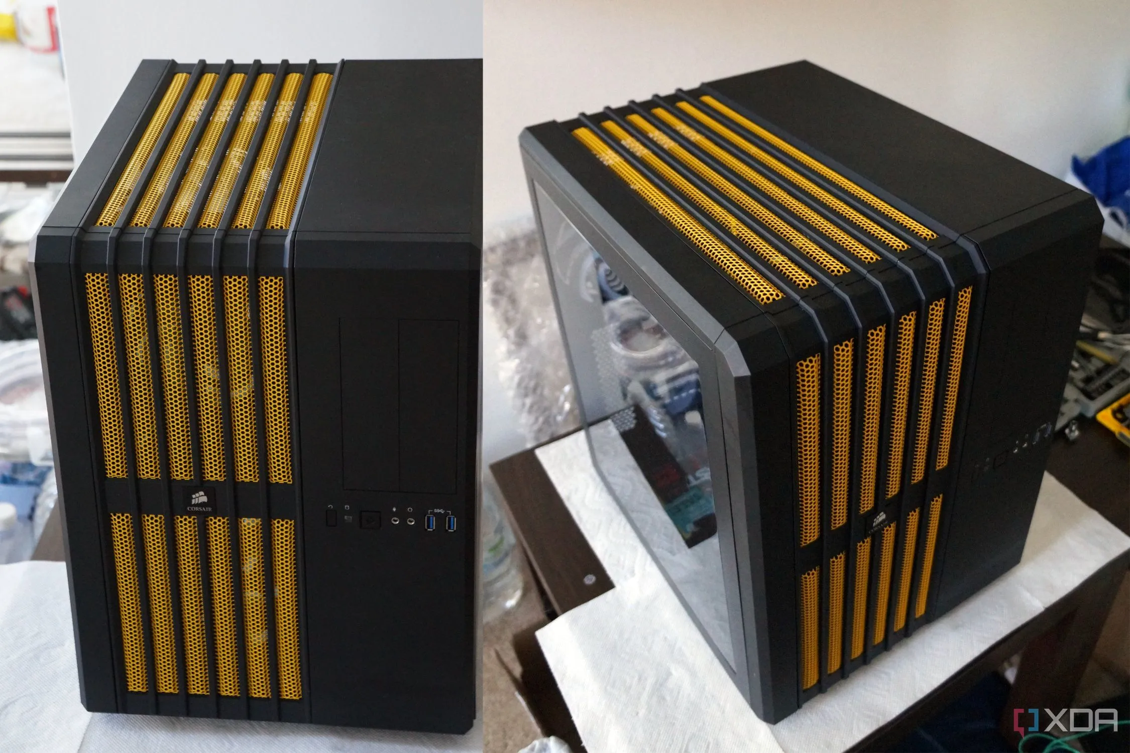 Vỏ case Corsair Air 540 màu vàng nổi bật nhìn từ hai góc độ