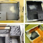 Vỏ case máy tính cũ đang được sơn màu xanh dương, chuẩn bị cho dự án tái chế thành hộp lưu trữ hoặc mục đích DIY khác