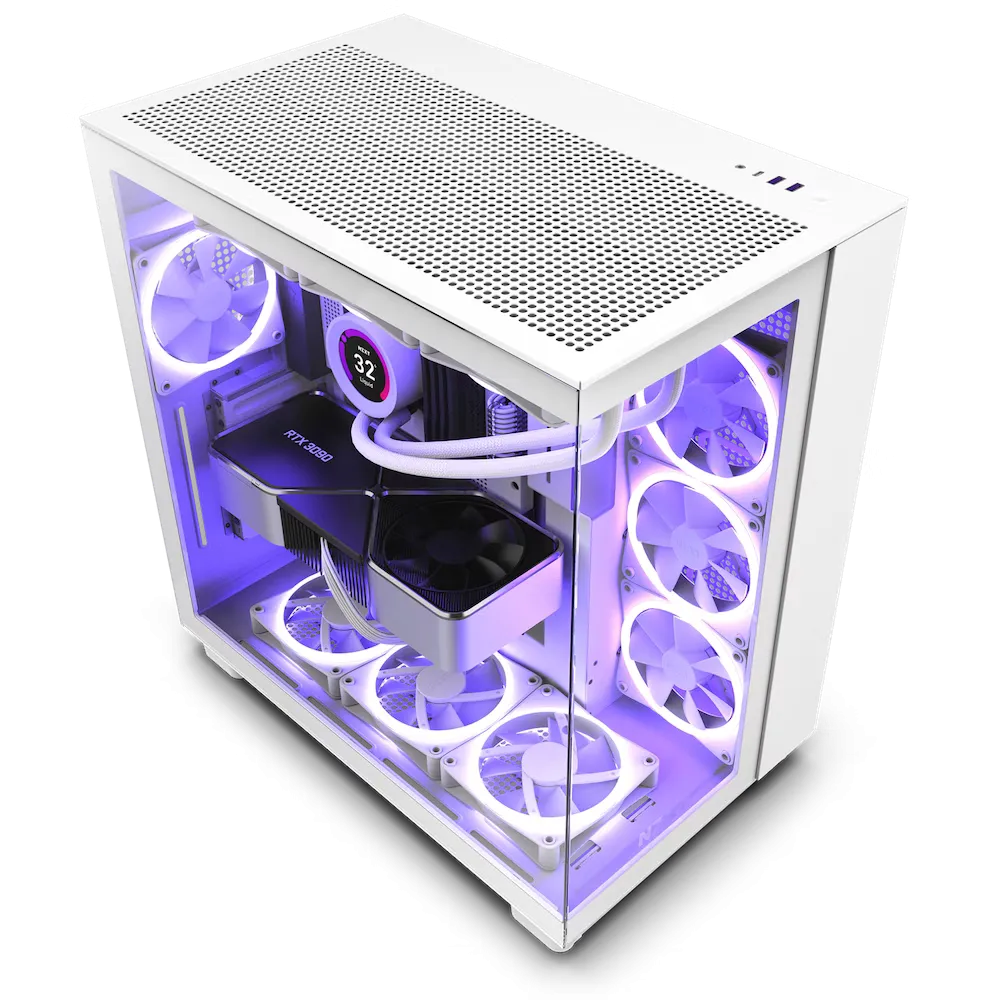 Vỏ case NZXT H9 Flow màu trắng với thiết kế khoang đôi độc đáo, tối ưu cho tản nhiệt nước và thẩm mỹ PC. Nguồn: NZXT