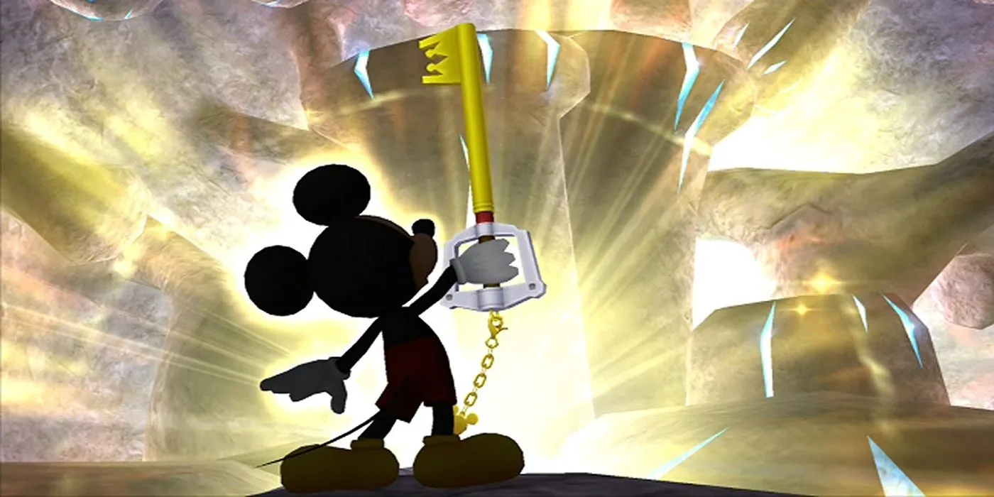 Vua Mickey cầm Keyblade trong một cảnh game Kingdom Hearts