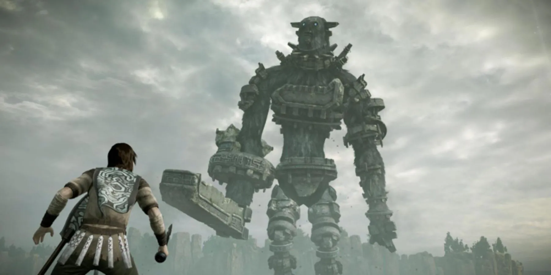 Wander chuẩn bị chiến đấu với một Colossus trong Shadow of the Colossus, minh họa lối chơi leo trèo và tìm điểm yếu độc đáo của game phiêu lưu PlayStation