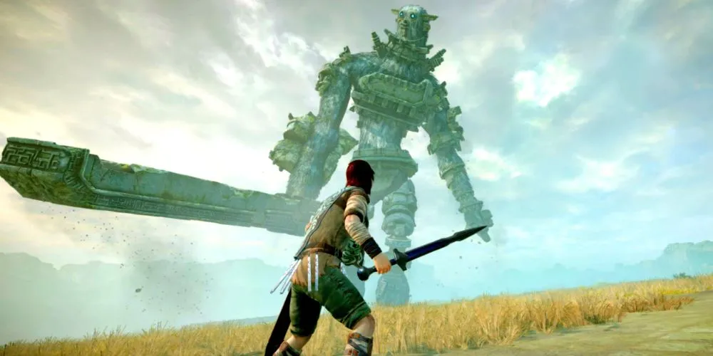Wander cưỡi ngựa Agro tiếp cận một Colossus trong Shadow of the Colossus, thể hiện không gian rộng lớn và yếu tố khám phá của game