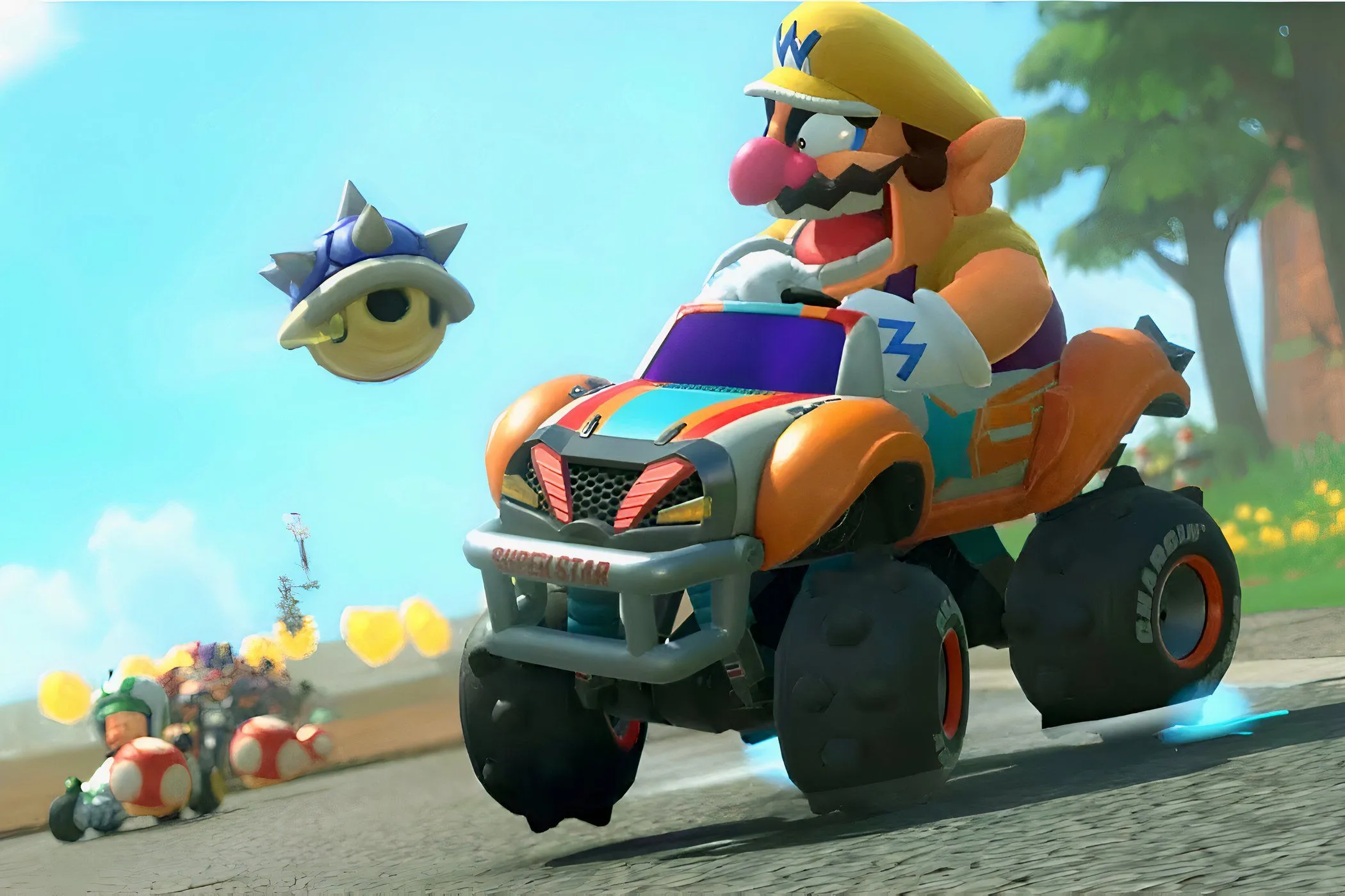 Wario tức giận nhìn vỏ rùa xanh (Blue Shell) đang bay tới trong Mario Kart