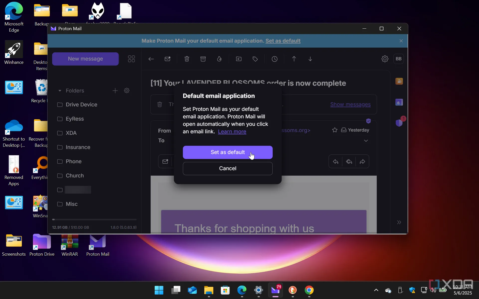 Xác nhận thiết lập Proton Mail làm ứng dụng email mặc định trên hệ điều hành