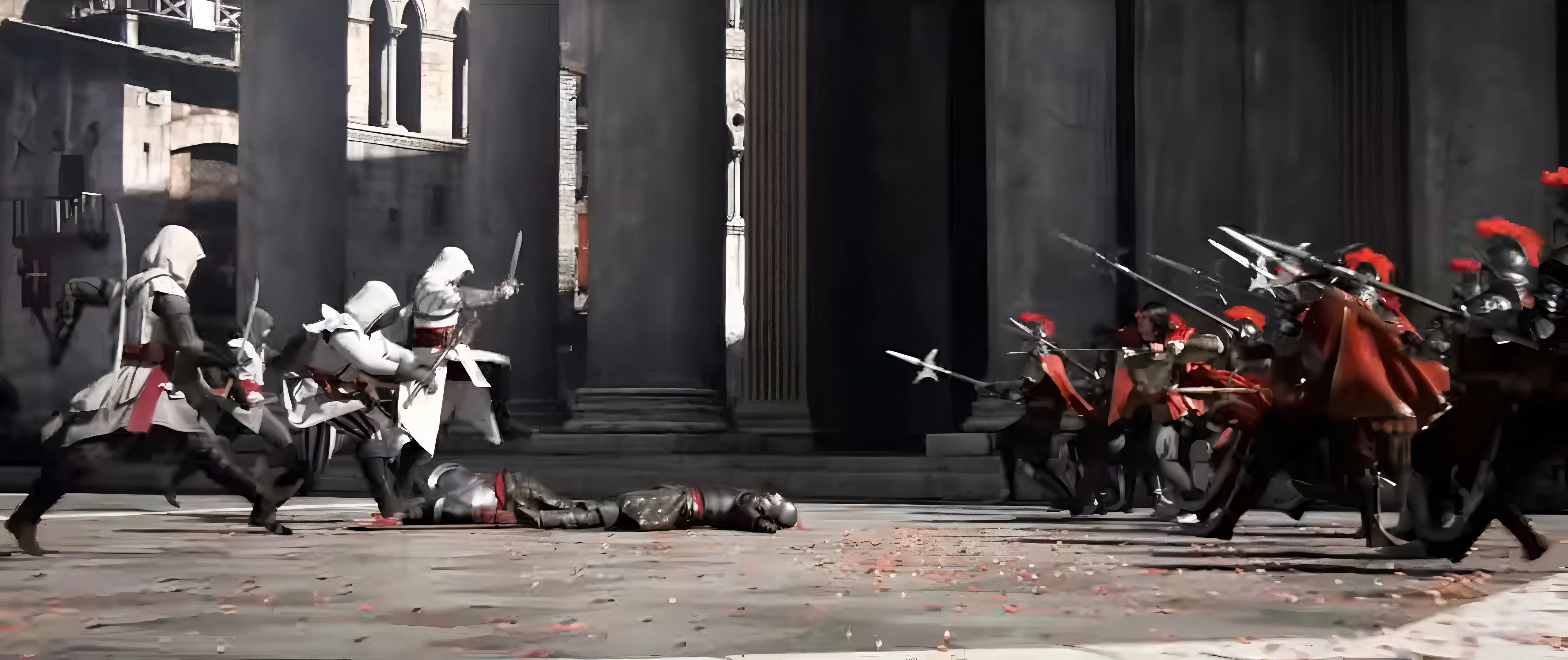 Xung đột kinh điển giữa Sát thủ và Hiệp sĩ Đền trong series Assassin's Creed, thể hiện cuộc chiến ý thức hệ cốt lõi của thương hiệu qua một cảnh chiến đấu đầy kịch tính ở Rome.